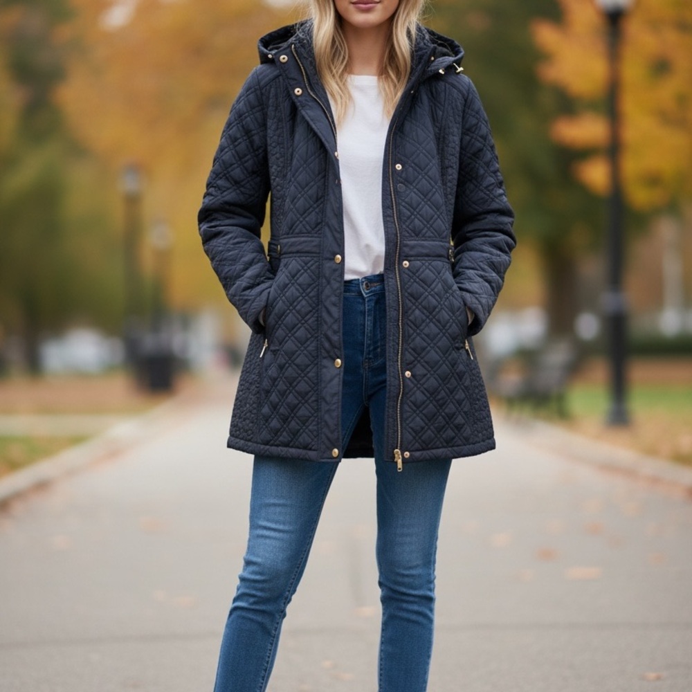 Women's Quilted Black Hooded Jacket weather proof